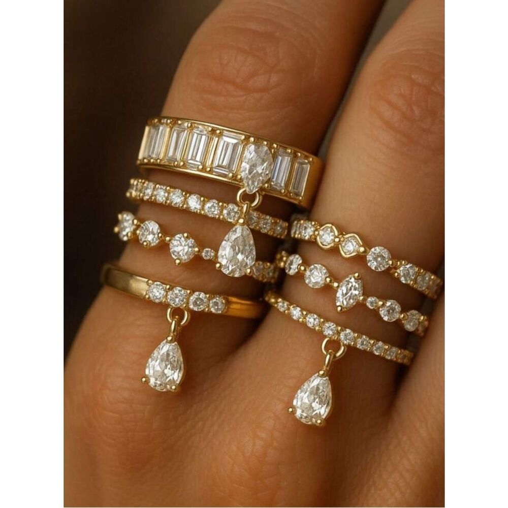 Gold Teardrop Charm Stackable Ring - Women Jewelry R 437